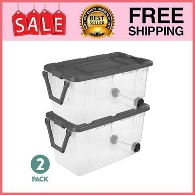 160 Qt Wheeled Stacker, Extra Large Clear Bin, Latch Lid & Pull Handle,Gray, 2Ct