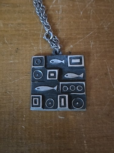 Vintage Swedish Pewter Pendant Fish Necklace 1960s
