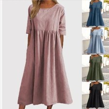 Baggy Solid Midi Dress Casual Ladies Womens Swing Dresses Pleated Short Sleeve