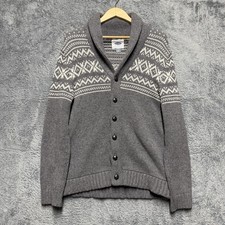 Old Navy Sweater Mens L Grey White Fair Isle Cardigan Shawl Collar Wool Blend