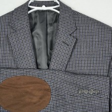 Chaps Mens 44L 100% Wool Houndstooth Sport Coat Blazer Grey Blue Elbow Patches