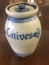 1992 Rowe Pottery Works Lidded CHIVES Spice Jar Cobalt Salt Glaze EUC
