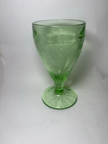 Uranium Glass Water Goblet Green Depression Scroll Pattern Cup 5 3/4”