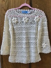 Vintage Crochet Leroy Knit Sweater Womens Cream Rosette Flare Sleeve Size Small