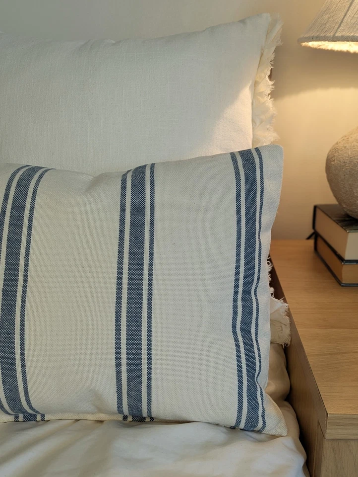French country blue stripes cushion cover |  linen grain sack rustic decor  - Image 3 of 4