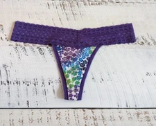 Vtg Victoria’s Secret Size XS Dark Purple Floral Cotton Lingerie Lace-Trim Thong