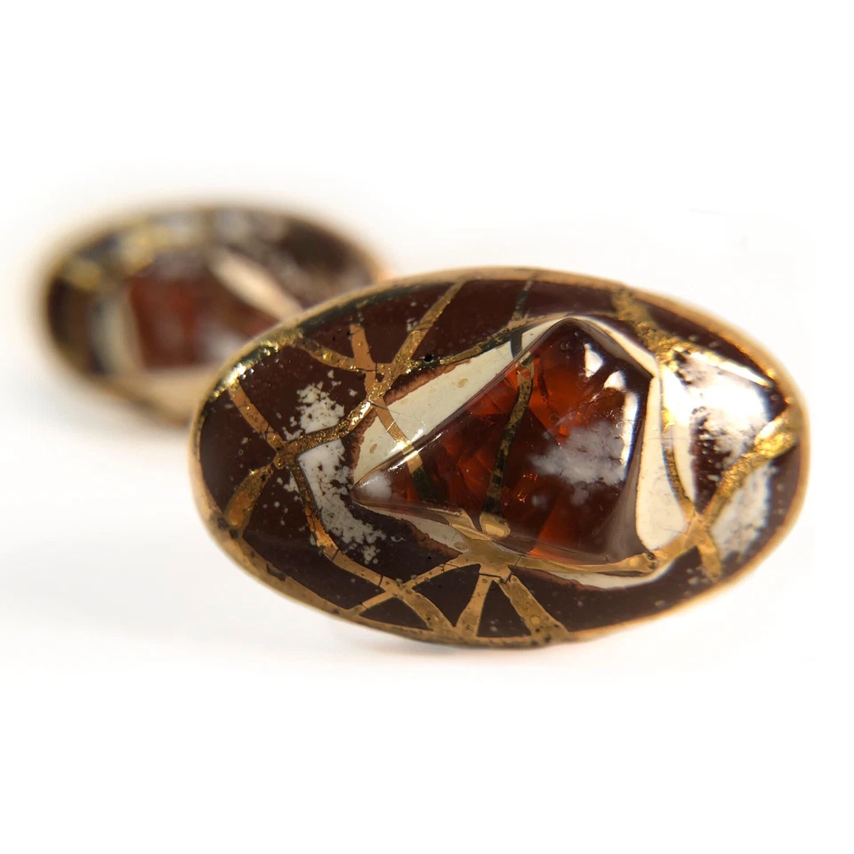 Gemelos modernistas vintage Victoria Flemming de vidrio fundido rojo ámbar blanco y dorado Foto 2 de 4