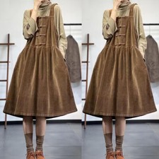 Womens Corduroy Loose A-Line Dress Sleeveless Winter Casual Retro Jumpsuit Dress