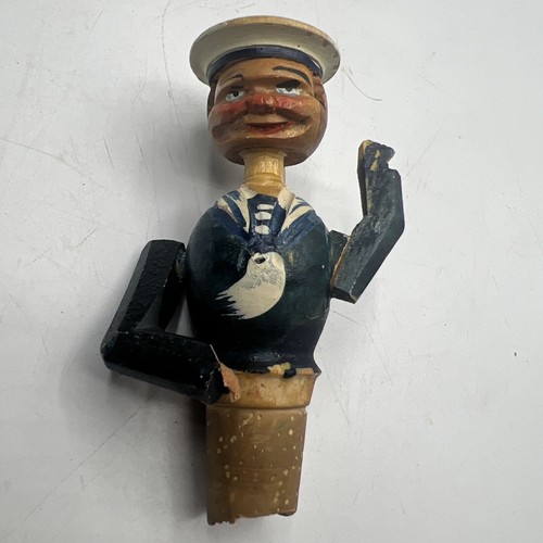 Anri Mechanical Wood Wine Stopper Cork Blue Sailor Hand Carved Drinking Italy