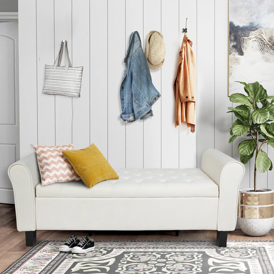 51-дюймовая бархатная скамья для хранения с оттоманским концом кровати мягкий диван бежевый спальня - Изображение 2 из 4