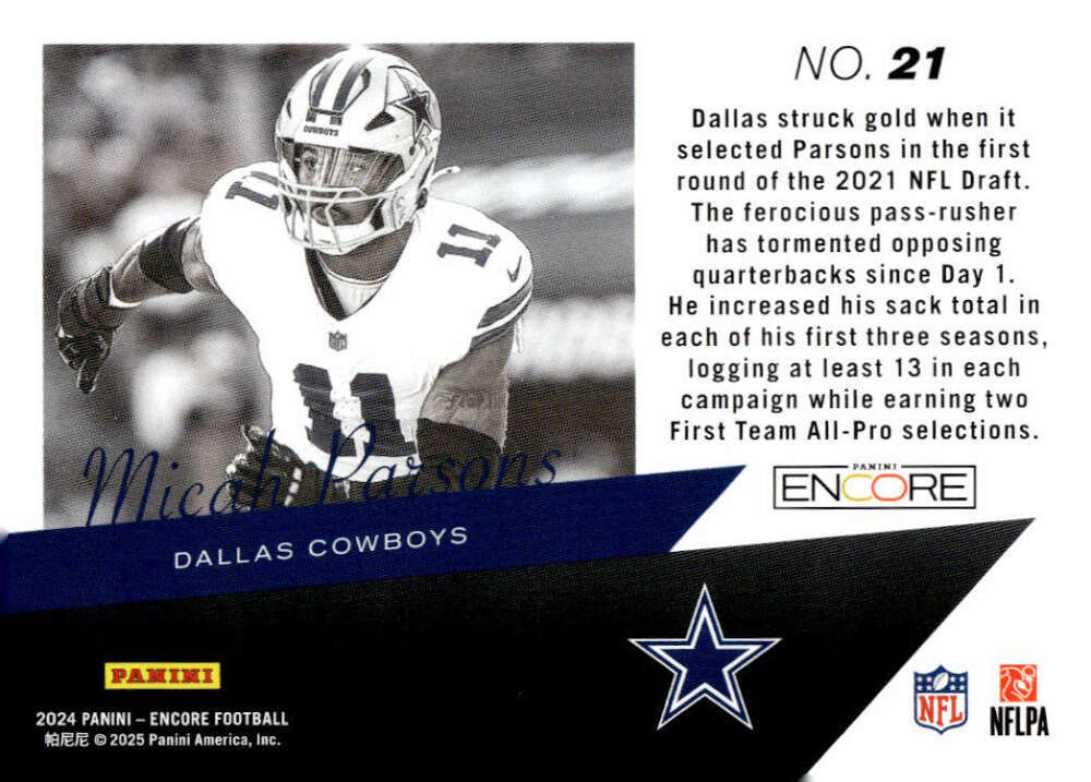 MICAH PARSONS 2024 Panini Encore The Future is Now #21 NFL Cowboys