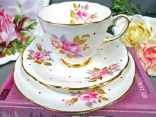ROYAL Stuart tea cup and saucer trio painted pink rose beaded polka dots teacup 