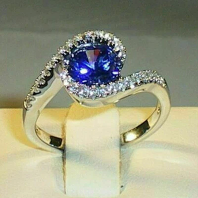 2Kt Rund Blau Saphir Diamant Verlobungsring Braut Jubiläum Ring Weißgold-Finish - Bild 1 von 4