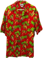 Hawaii Hawaiian Shirt, S/S, 3XL, Red w/Colorful Surfboards & Green Palms/Fronds