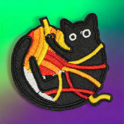 Wide Eye Black Kitty Cat Yarn Ball Yellow Orange Red Cartoon Iron On Patch Decal
