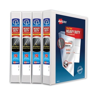 Avery Non Stick View Binder, 3 Rings, 1'' Capacity, 11 x 8.5, White, 4/Pack