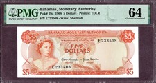 BAHAMAS 5 DOLLARS Banknote 1968  Zustand I UNC FDS  S/N E233508 P.29a PMG 64