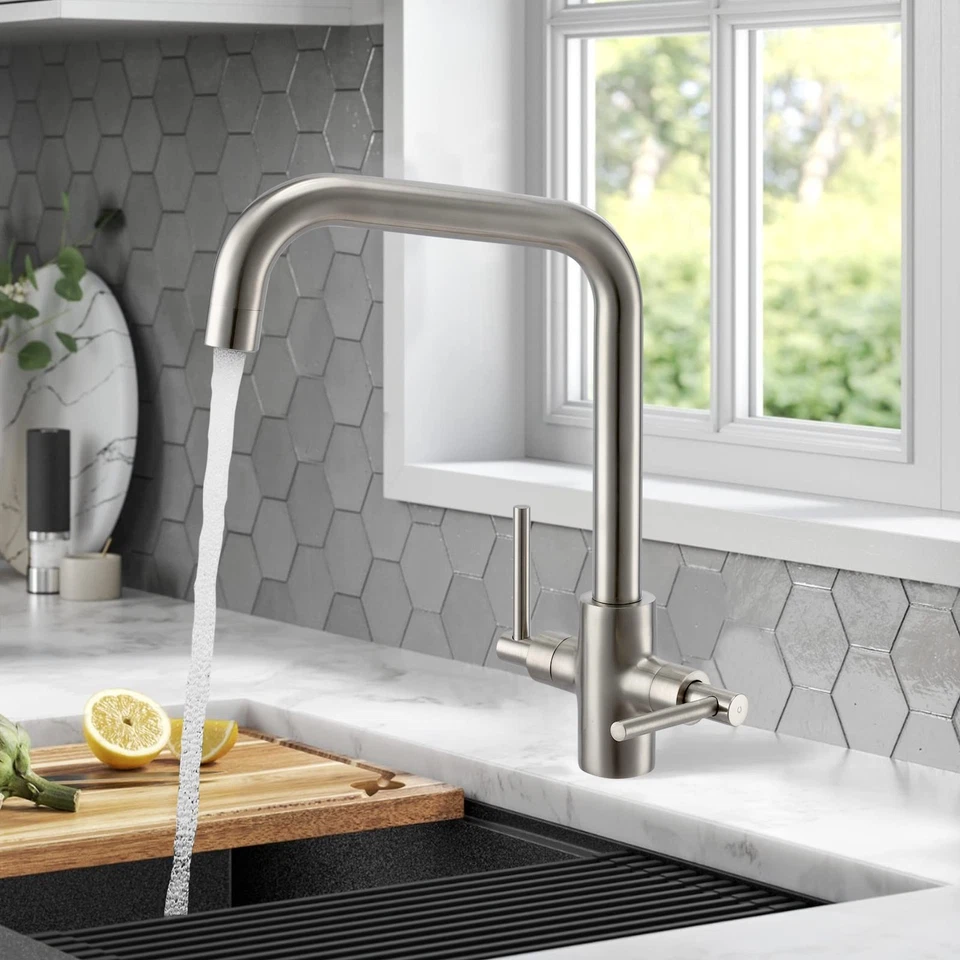 Brushed Steel Kitchen Tap Peppermint Dual Lever Kitchen Mixer Taps 1 Hole - Image 2 of 4