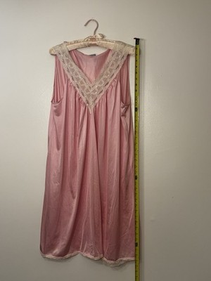 Vintage Nylon Vanity Fair Pink Nightgown with Lace V Neck Size XL USA Made