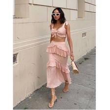 Pink Ruffle Lace Skirt Crop Top Set Boho Coquette Romantic Festival S M