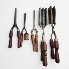 Lot of 5 Antique Curling Irons Wood Handle Single Double Vintage