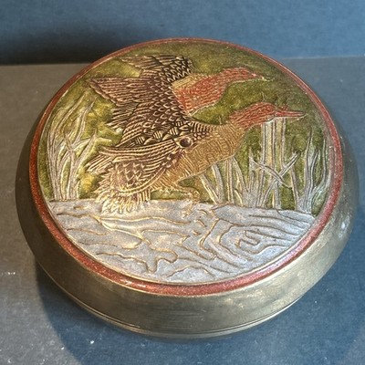 Vintage Messing Emaille Enten im Flug Wildvögel Schmuckschatulle Indien 
