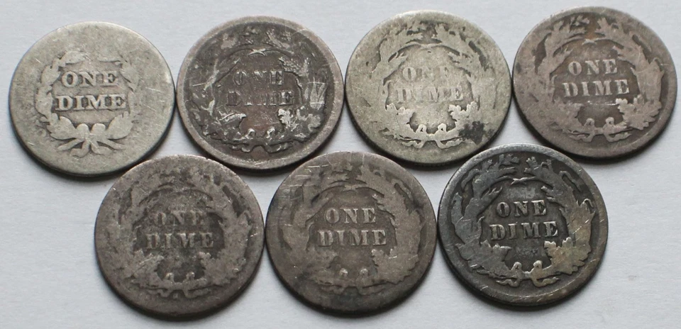 7 Seated Liberty Silver Dimes 1851, 1875, 1882, 1887, 1889-S, 1891, AG to VG 10C - Image 2 of 4
