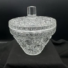Vintage Clear Glass Covered Candy Dish Pedestal Geometric Hobstar 7" Tall Heavy