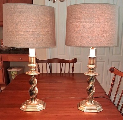 Vintage Pair Stiffel Brass Table Lamps Barley Twist Octagon Base Shades 31in USA