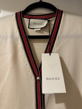 Gucci Ivory Cream Web Stripe Trimmed Buttons Wool Cardigan Sweater Long Sleeve S
