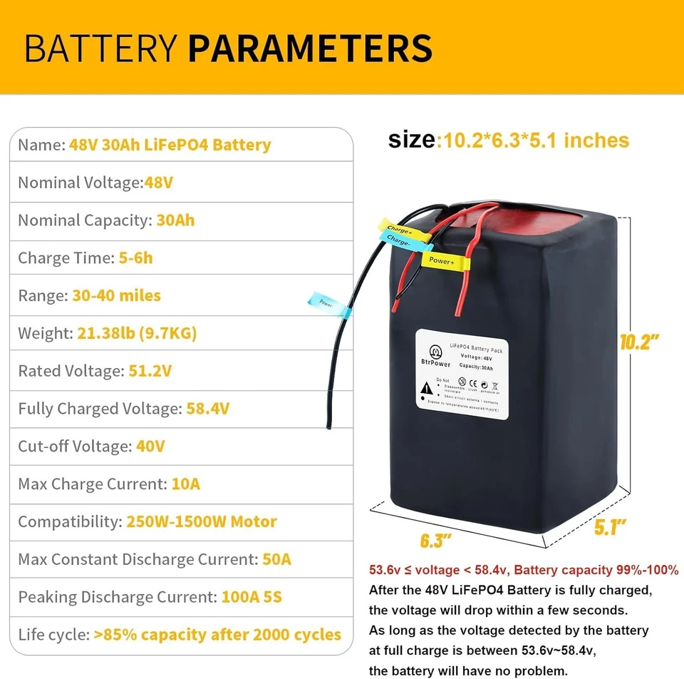 Batería Btrpower 48V 30Ah Ebike Lifepo4 para Scooter 1000W Motor Cargador 5A Foto 2 de 4