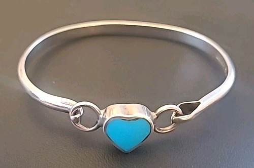 Vintage Taxco Mexico 925 Sterling Silver Turquoise Inlay Heart Bangle Bracelet