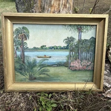 Antique Oil Painting 1944 Landscape Florida Lake 19x15” On Board Palm Trees