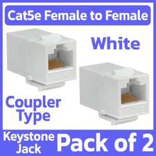 2 Pack Cat5e Keystone Jack Snap-In Ethernet Inline Coupler RJ45 8P8C Plug White