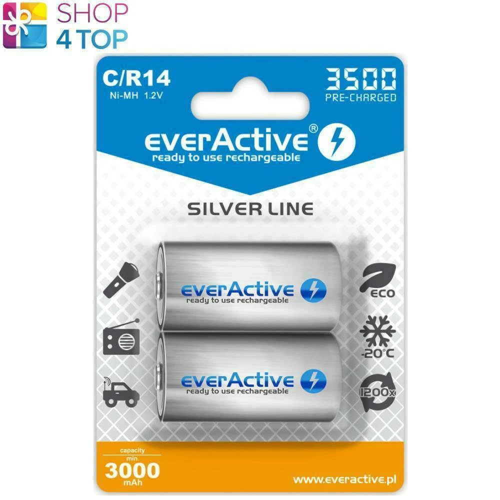 2 EVERACTIVE Rechargeable Silver Line C CR14 Batteries Blister 1.2V 3000mAh New