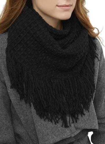 Women Black Solid Acrylic Neck Wrap w/Hanging fringes.