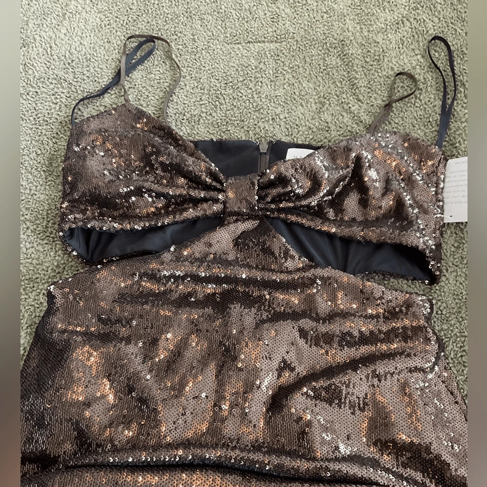 Maxi Vestido Halston Para Mujer Talla 10 Marrón Chloe Lentejuelas Correa Espagueti Cuello en V Foto 3 de 4