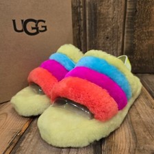 UGG FLUFF YEAH SLIDE SANDAL MULTI COLOR SHEEPSKIN WOOL YOUTH US 6  WOMEN US 8