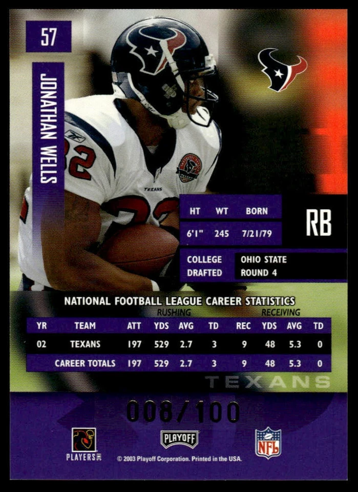 2003 Playoff Prestige #57 Jonathan Wells Xtra Points Purple #/100 - Image 2 of 2
