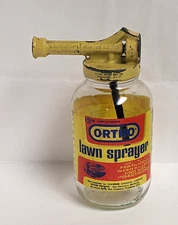 Vintage Ortho Lawn Sprayer Glass Jar Yellow Metal Attachment 15 Gal 22 Oz