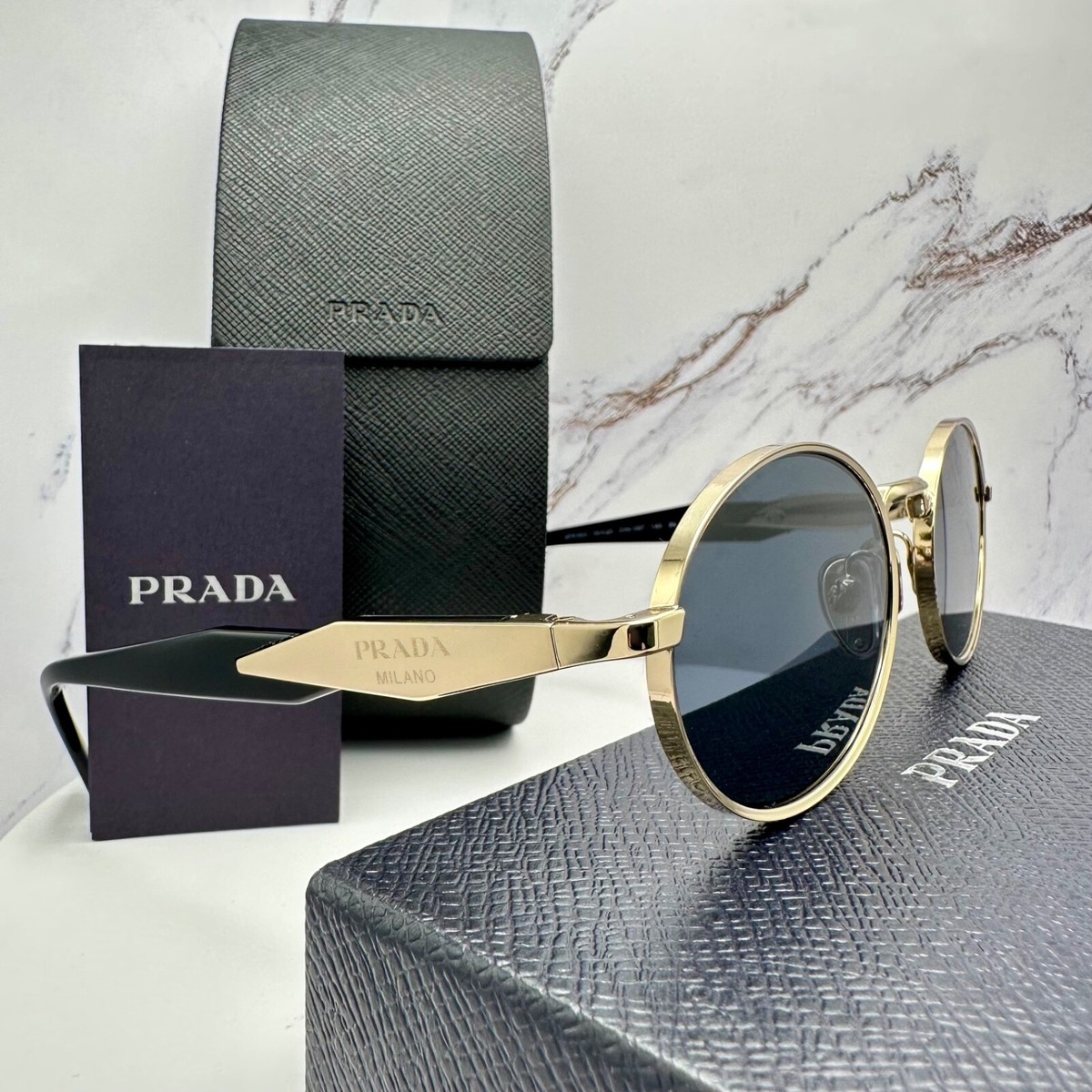 Prada Gold Frame Black Lens Oval Sunglasses Prada PR B16SF Acetate Oval Sunglasses | Neiman Marcus main image 4