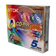 Retro Japanese TDK Blank CD-RW Multicolor 5 Pack Cd's 650 mb