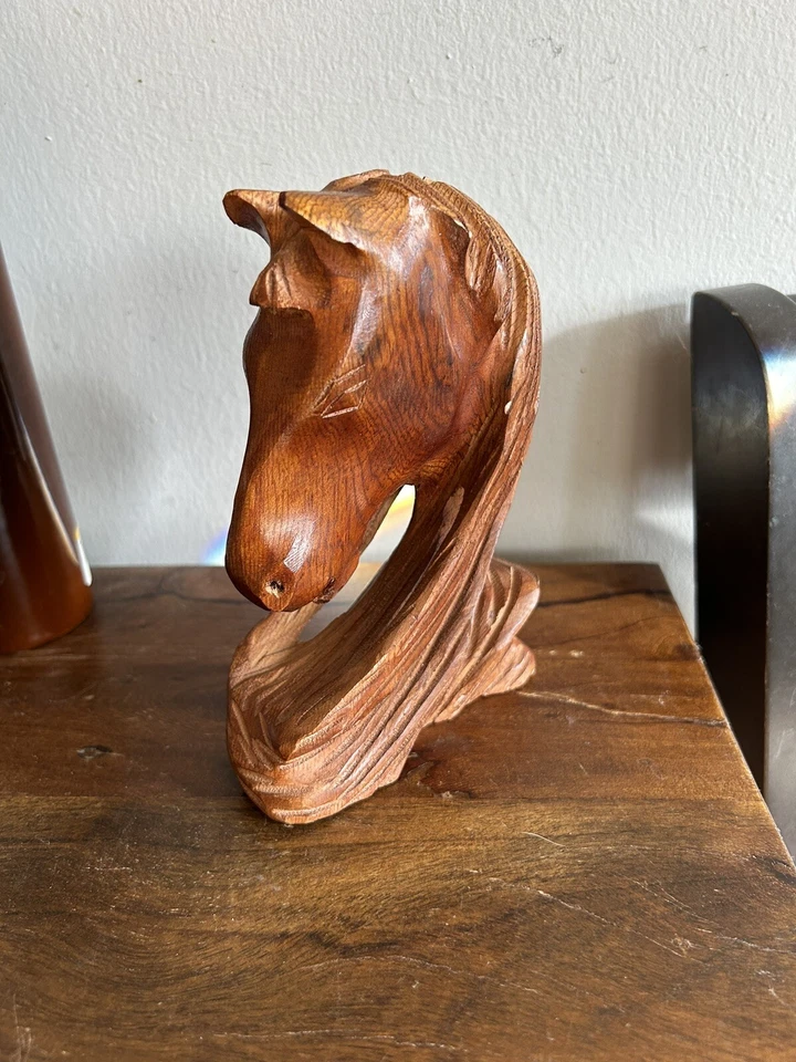 "Cabeza de caballo tallada madera 6"" talla detallada vintage casa de campo rústica occidental" Foto 4 de 4