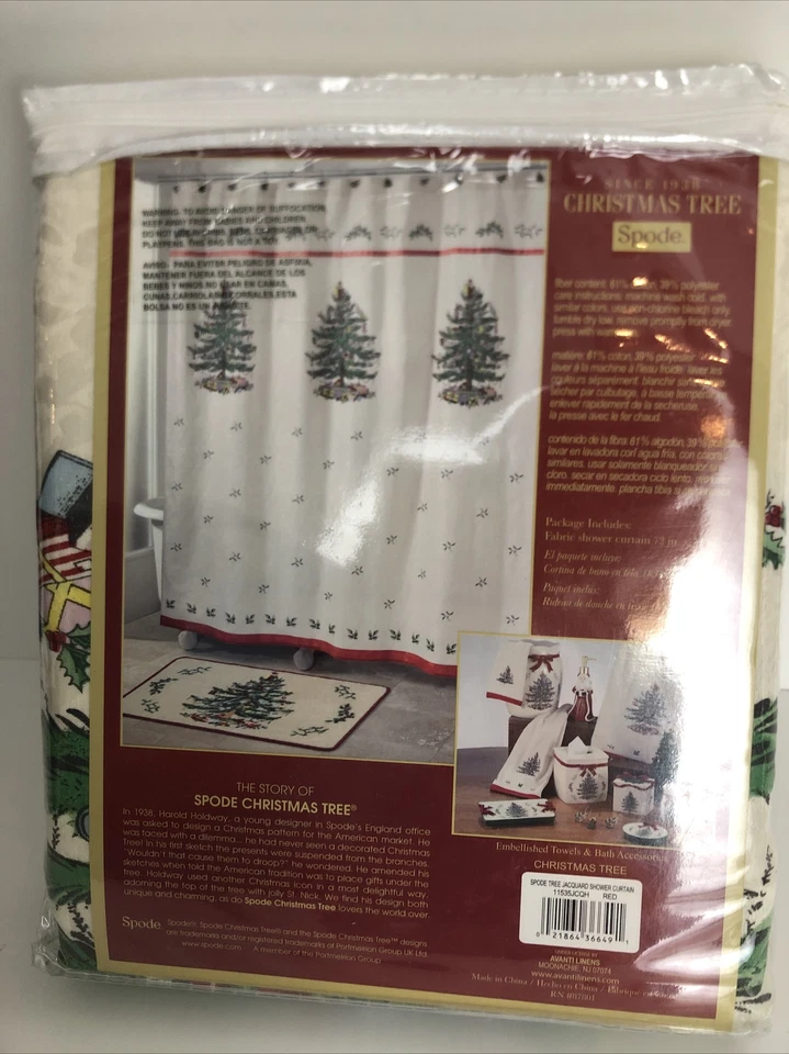 SPODE Cortina de Ducha de Tela Jacquard Árbol de Navidad 72x72 Vacaciones Marfil Rojo Foto 3 de 4