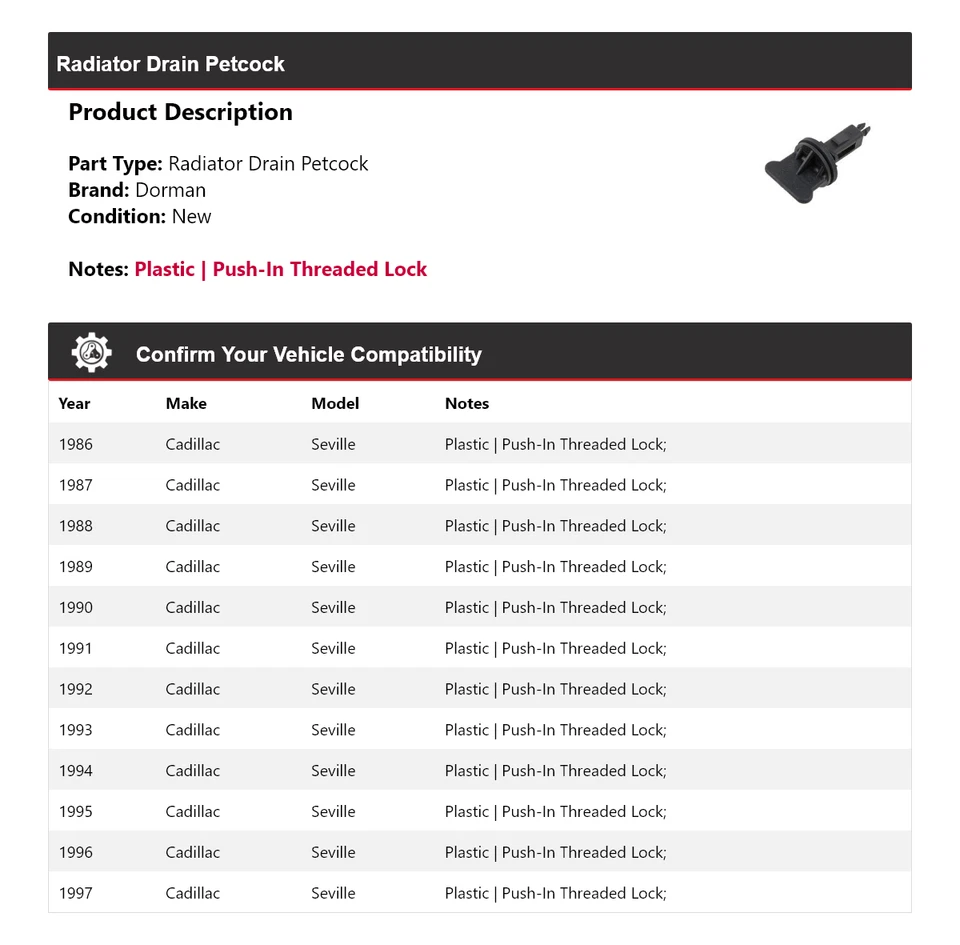 Para Cadillac Seville Dorman 1986-1997 Radiador Drenaje Petcock 1987 1988 1989 1990 Foto 2 de 4