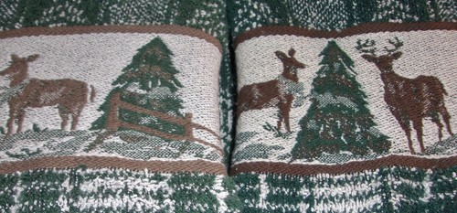Set of 2 Moose Bath Towels Green Plaid Tan Beige Pine Trees Rustic Cabin 24x43 - Picture 6 of 6