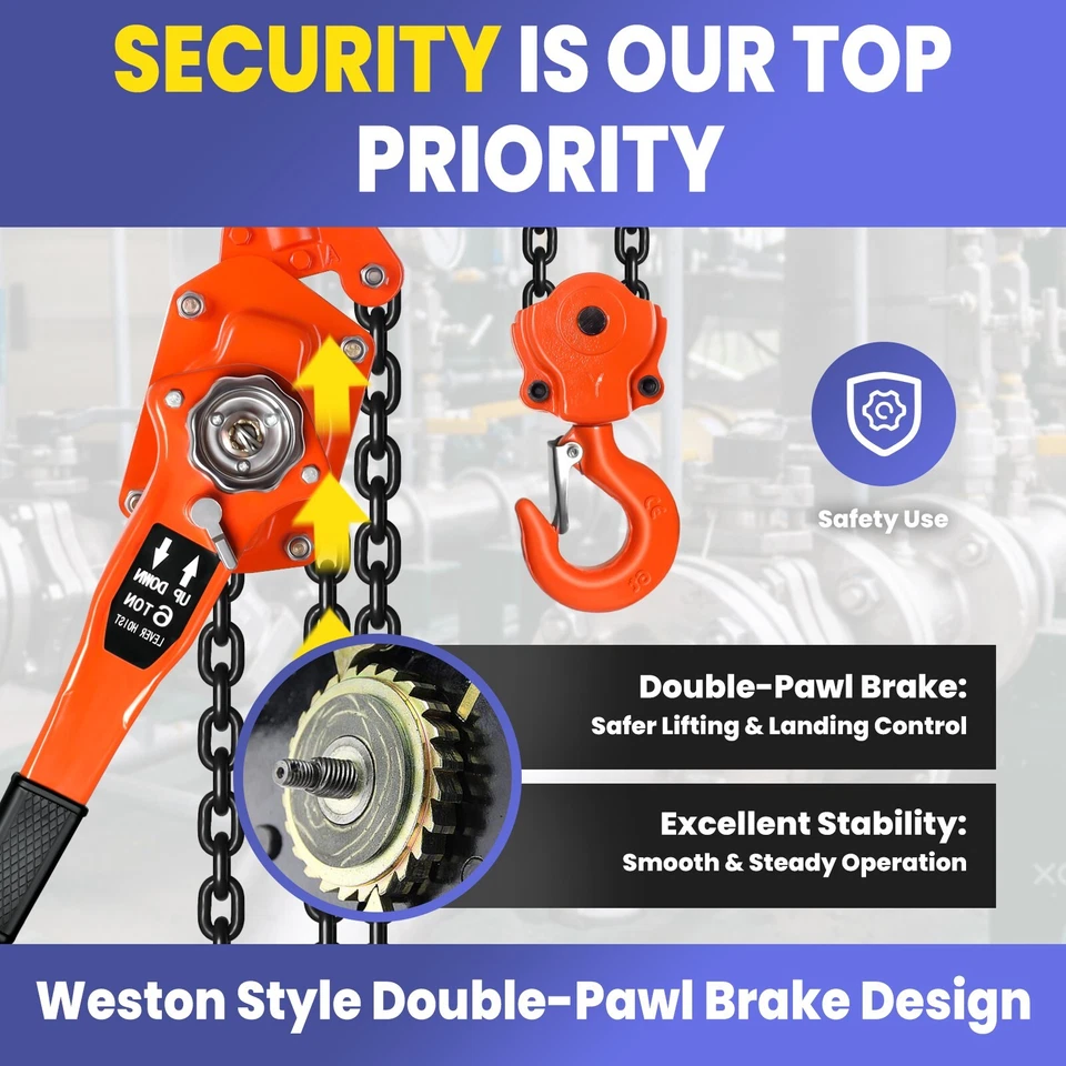 Polipasto de cadena de palanca de trinquete, polipasto de palanca manual 6T 6600 lb con freno de doble trinquete Foto 4 de 4