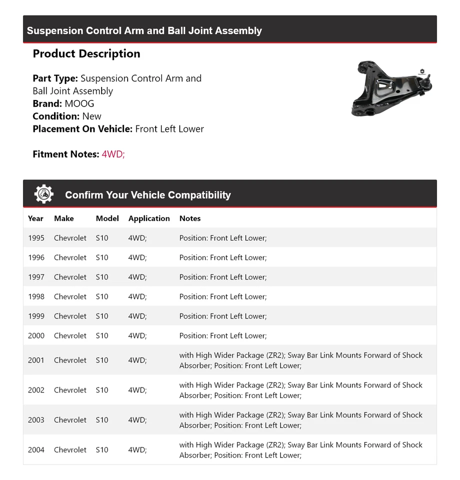 Brazo de control delantero izquierdo inferior MOOG 1995-2004 Chevrolet S10 4x4 1995 1996 1997 Foto 2 de 4