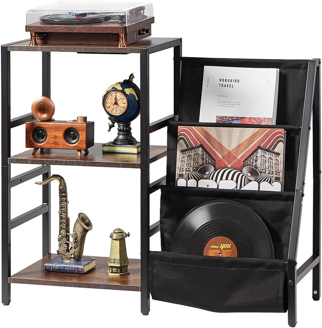 Vintage Record Player Stand with USB Charging & Storage for 200 Albums-image