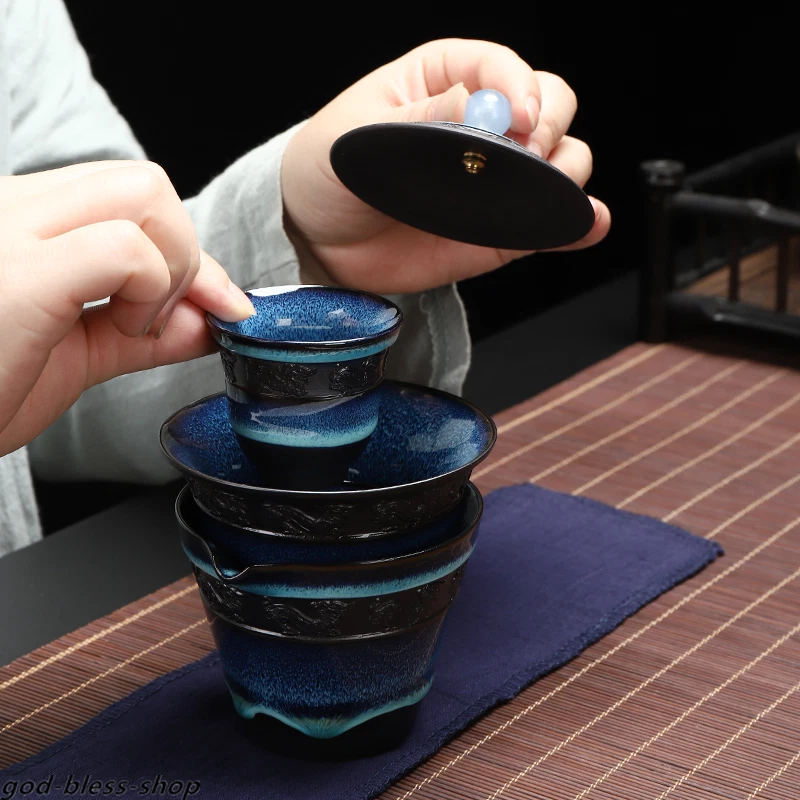 Juego de té portátil horno creativo cambio tetera jarra taza de té con bolsa azul nuevo Foto 3 de 4